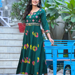 Rama's Printed Notched Neck Embroidered Midi A-Line Ethnic Dress