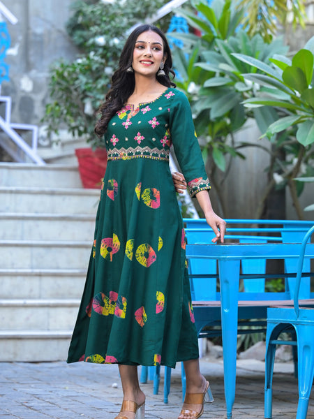 Rama's Printed Notched Neck Embroidered Midi A-Line Ethnic Dress