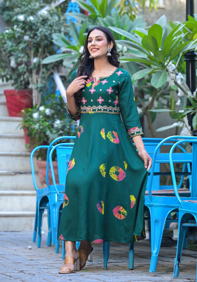 Rama's Printed Notched Neck Embroidered Midi A-Line Ethnic Dress