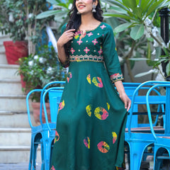 Rama's Printed Notched Neck Embroidered Midi A-Line Ethnic Dress