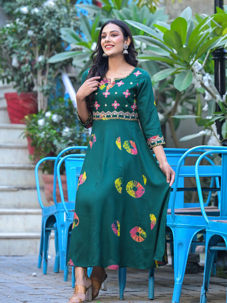 Rama's Printed Notched Neck Embroidered Midi A-Line Ethnic Dress