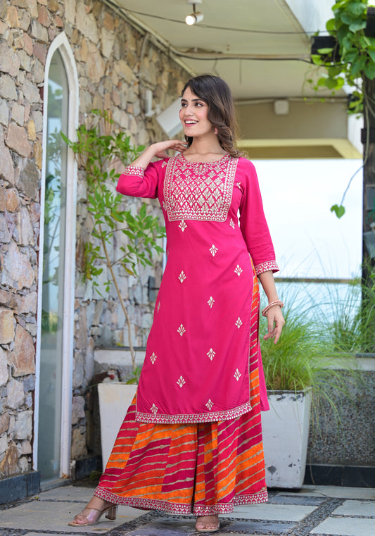 RAMA'S Women Pink Color Embroidery Embellished kurta With Lehriya Sharara set