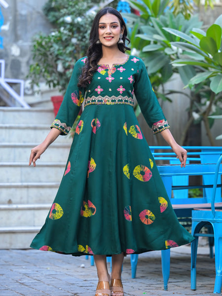 Rama's Printed Notched Neck Embroidered Midi A-Line Ethnic Dress