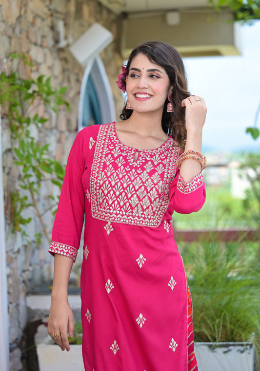 RAMA'S Women Pink Color Embroidery Embellished kurta With Lehriya Sharara set