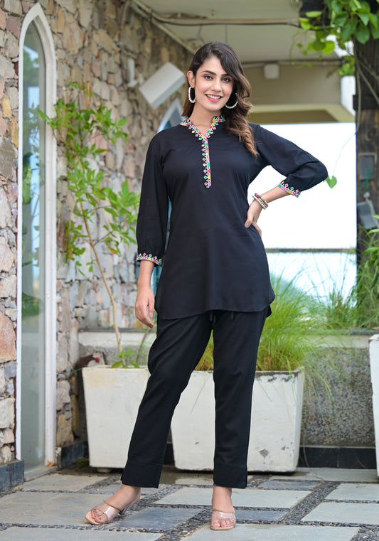 Women Black Color Embroidery short Kurta