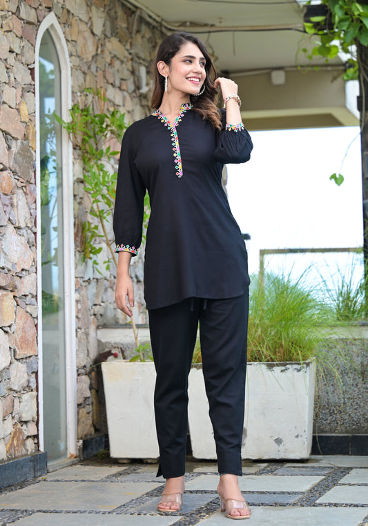 Women Black Color Embroidery short Kurta