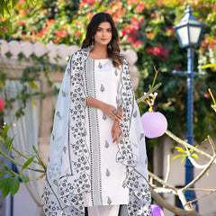 RAMA'S Elegant Women White Floral Motif's Embroidery embellished  kurta with  Pant & Dupatta  Set