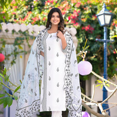 RAMA'S Elegant Women White Floral Motif's Embroidery embellished  kurta with  Pant & Dupatta  Set