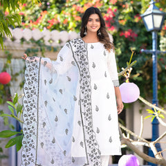 RAMA'S Elegant Women White Floral Motif's Embroidery embellished  kurta with  Pant & Dupatta  Set