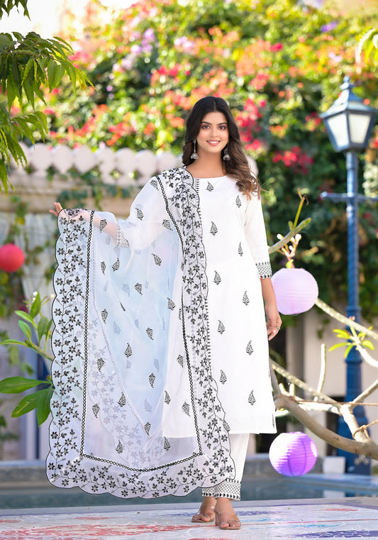 RAMA'S Elegant Women White Floral Motif's Embroidery embellished kurta with Pant & Dupatta Set