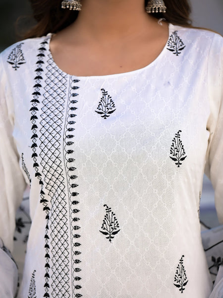 RAMA'S Elegant Women White Floral Motif's Embroidery embellished  kurta with  Pant & Dupatta  Set