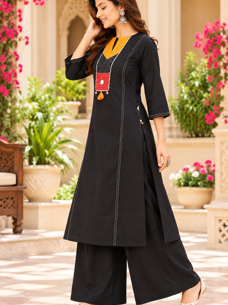 Women Black    Embroidered Kurta Set with Palazzo  – Traditional Festive Ethnic Wear