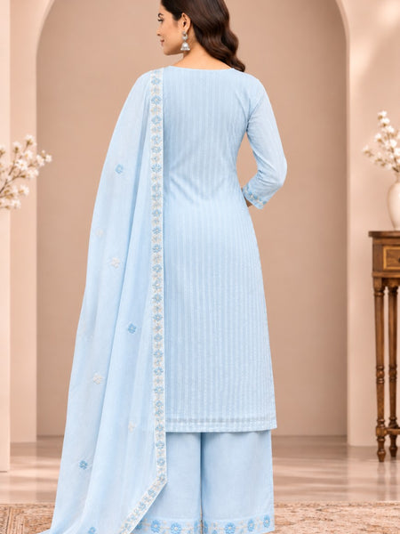 Women sky blue   Embroidered Kurta Set with Palazzo  & Matching Dupatta – Traditional Festive Ethnic Wear