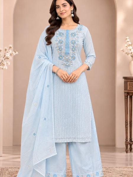 Women sky blue   Embroidered Kurta Set with Palazzo  & Matching Dupatta – Traditional Festive Ethnic Wear