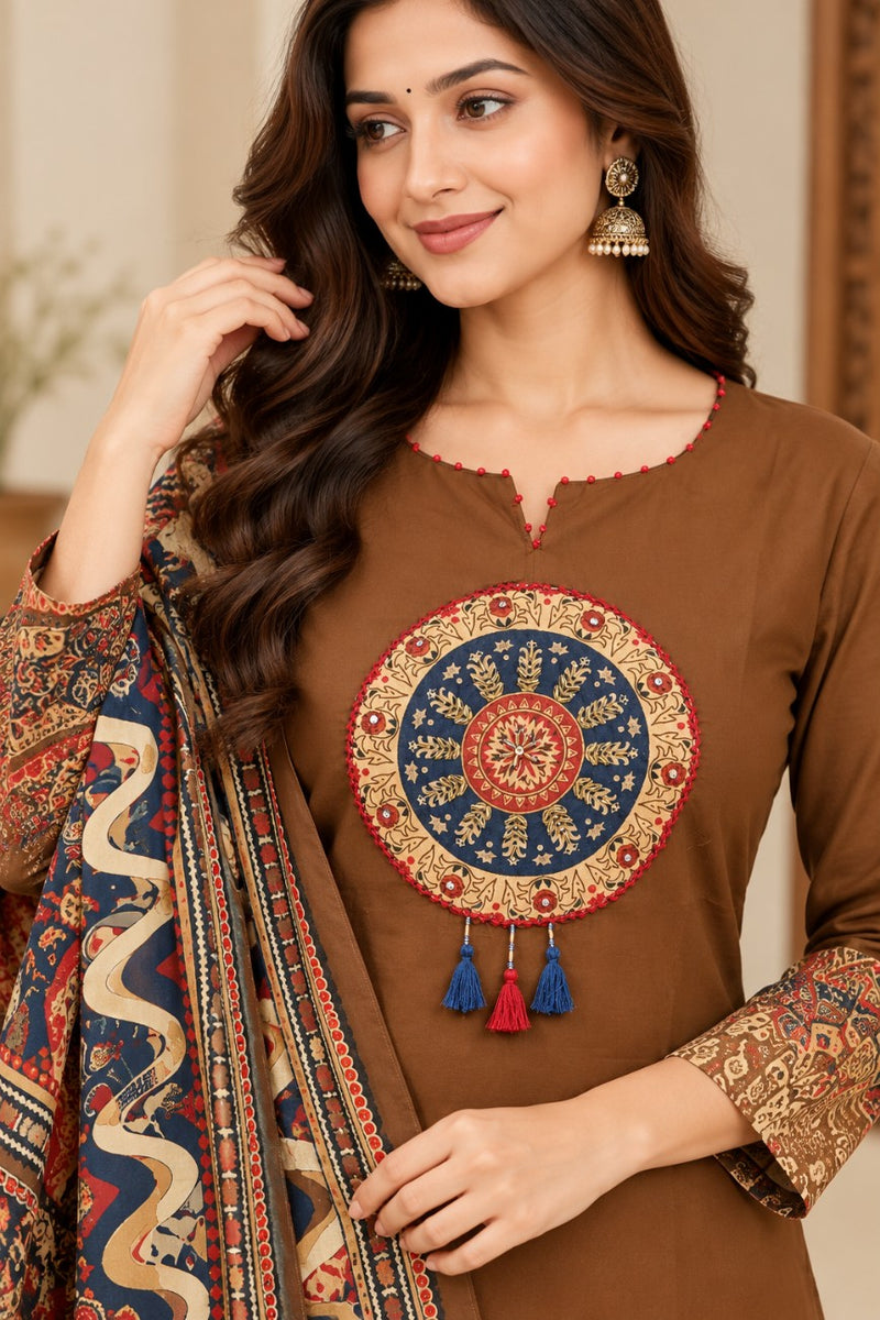 Women brown   Embroidered Kurta Set with Palazzo Pants & Matching Dupatta – Traditional Festive Ethnic Wear