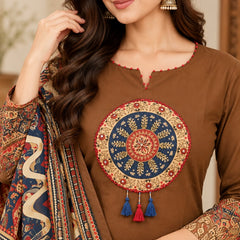Women brown   Embroidered Kurta Set with Palazzo Pants & Matching Dupatta – Traditional Festive Ethnic Wear