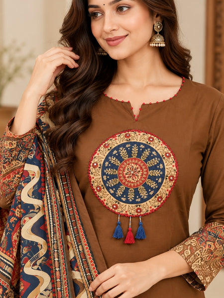 Women brown   Embroidered Kurta Set with Palazzo Pants & Matching Dupatta – Traditional Festive Ethnic Wear