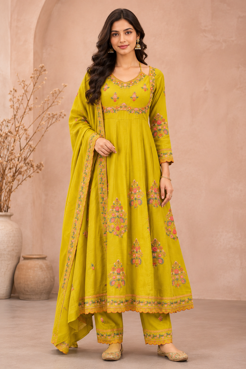 Women green   Embroidered Kurta Set with Palazzo Pants & Matching Dupatta – Traditional Festive Ethnic Wear