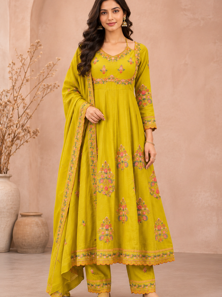 Women green   Embroidered Kurta Set with Palazzo Pants & Matching Dupatta – Traditional Festive Ethnic Wear