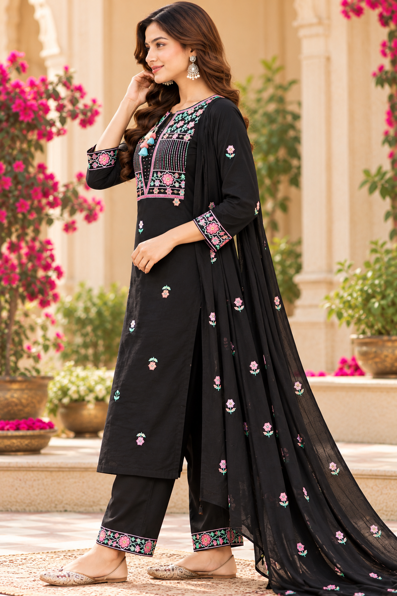 Women’s Black   Embroidered Kurta Set with Pants & Matching Dupatta – Traditional Festive Ethnic Wear