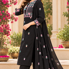 Women’s Black   Embroidered Kurta Set with Pants & Matching Dupatta – Traditional Festive Ethnic Wear