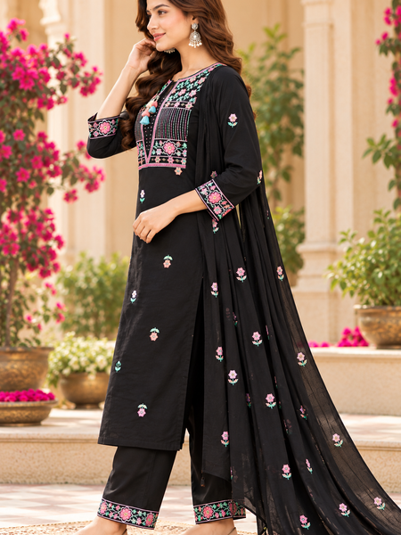 Women’s Black   Embroidered Kurta Set with Pants & Matching Dupatta – Traditional Festive Ethnic Wear