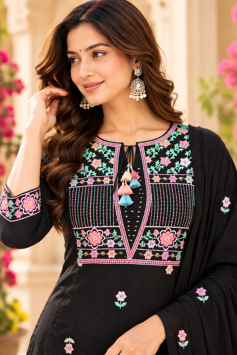 Women’s Black   Embroidered Kurta Set with Pants & Matching Dupatta – Traditional Festive Ethnic Wear