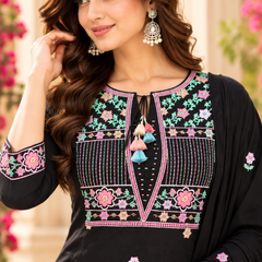 Women’s Black   Embroidered Kurta Set with Pants & Matching Dupatta – Traditional Festive Ethnic Wear
