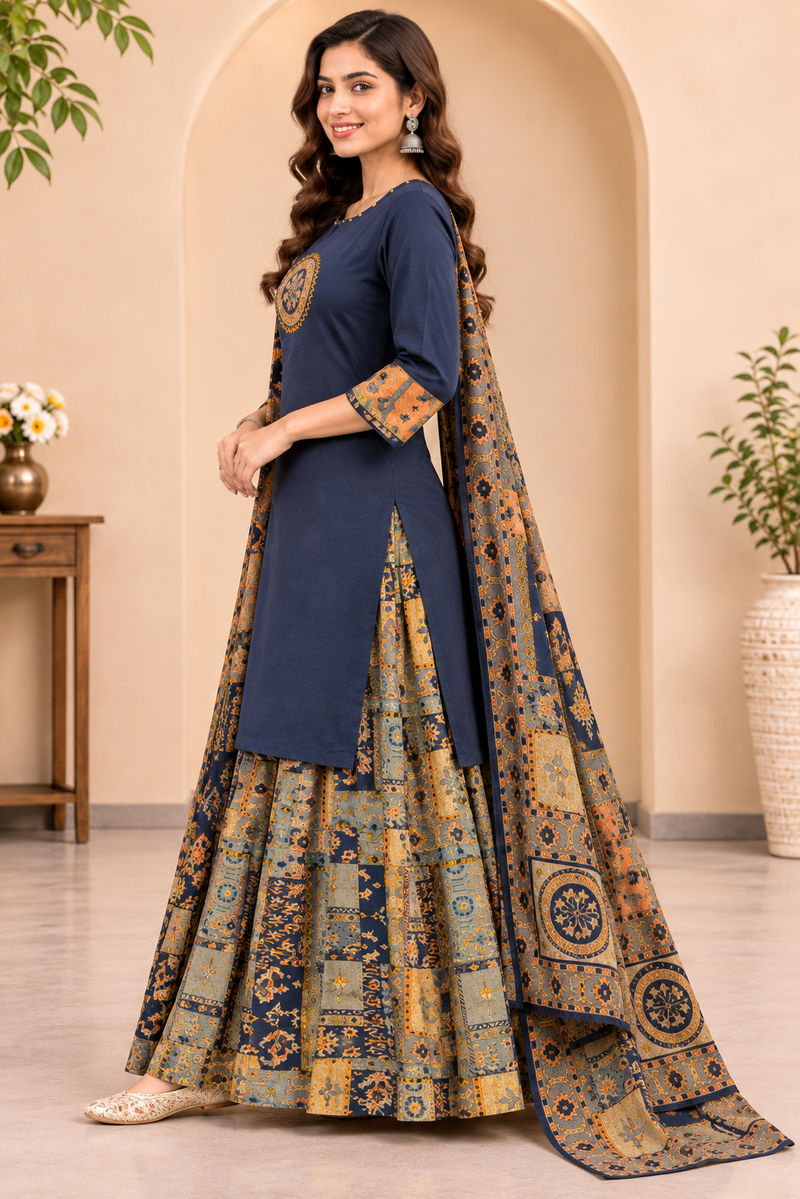 Women blue    Embroidered Kurta Set with Palazzo  & Matching Dupatta – Traditional Festive Ethnic Wear