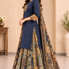 Women blue    Embroidered Kurta Set with Palazzo  & Matching Dupatta – Traditional Festive Ethnic Wear