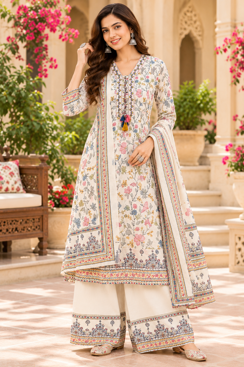 Women’s  White    Embroidered Kurta Set with Palazzo Pants & Matching Dupatta – Traditional Festive Ethnic Wear