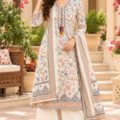 Women’s  White    Embroidered Kurta Set with Palazzo Pants & Matching Dupatta – Traditional Festive Ethnic Wear