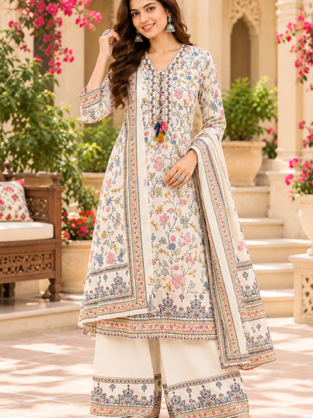 Women’s  White    Embroidered Kurta Set with Palazzo Pants & Matching Dupatta – Traditional Festive Ethnic Wear