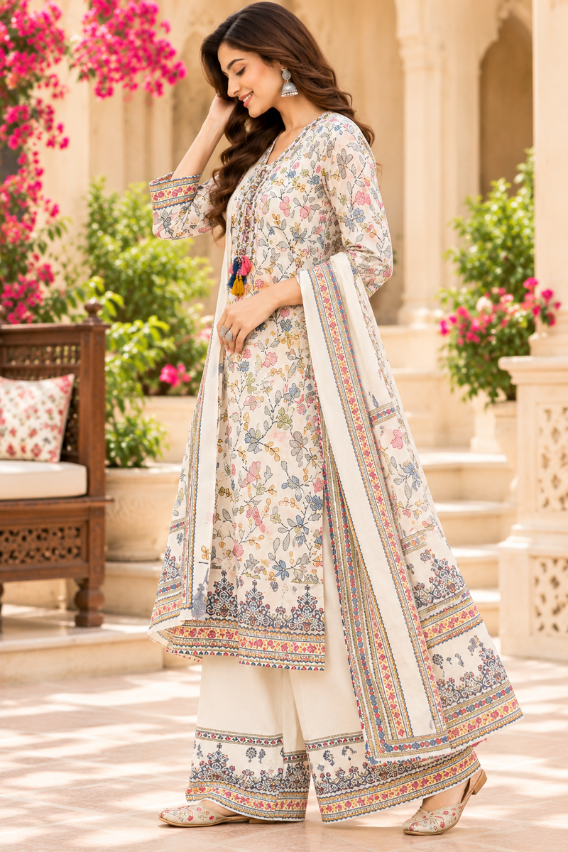 Women’s  White    Embroidered Kurta Set with Palazzo Pants & Matching Dupatta – Traditional Festive Ethnic Wear