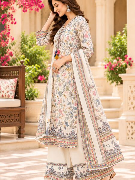 Women’s  White    Embroidered Kurta Set with Palazzo Pants & Matching Dupatta – Traditional Festive Ethnic Wear