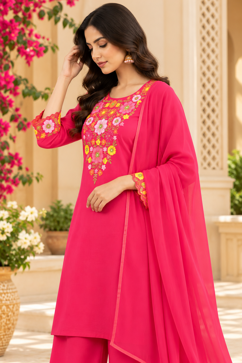 Women’s Pink   Embroidered Kurta Set with Palazzo Pants & Matching Dupatta – Traditional Festive Ethnic Wear
