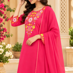 Women’s Pink   Embroidered Kurta Set with Palazzo Pants & Matching Dupatta – Traditional Festive Ethnic Wear