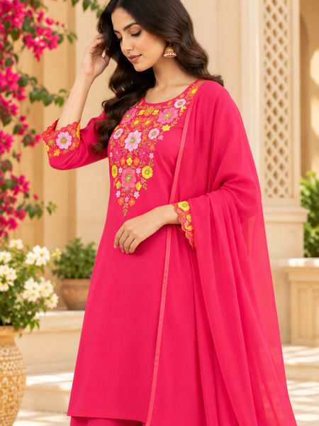Women’s Pink   Embroidered Kurta Set with Palazzo Pants & Matching Dupatta – Traditional Festive Ethnic Wear