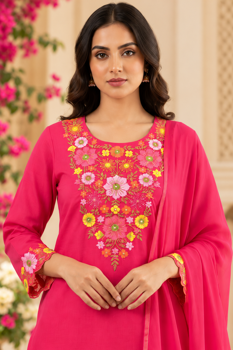 Women’s Pink   Embroidered Kurta Set with Palazzo Pants & Matching Dupatta – Traditional Festive Ethnic Wear