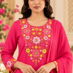 Women’s Pink   Embroidered Kurta Set with Palazzo Pants & Matching Dupatta – Traditional Festive Ethnic Wear