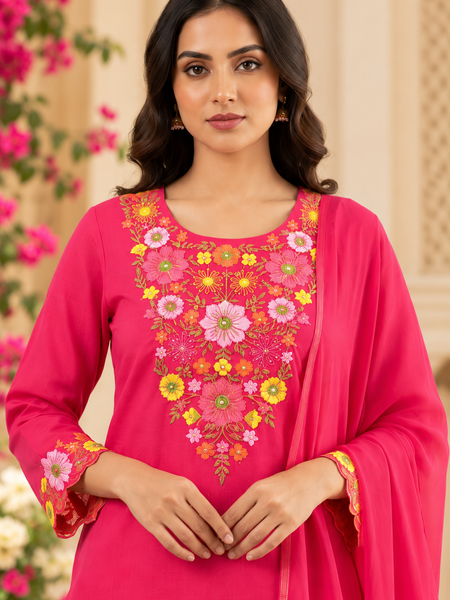 Women’s Pink   Embroidered Kurta Set with Palazzo Pants & Matching Dupatta – Traditional Festive Ethnic Wear