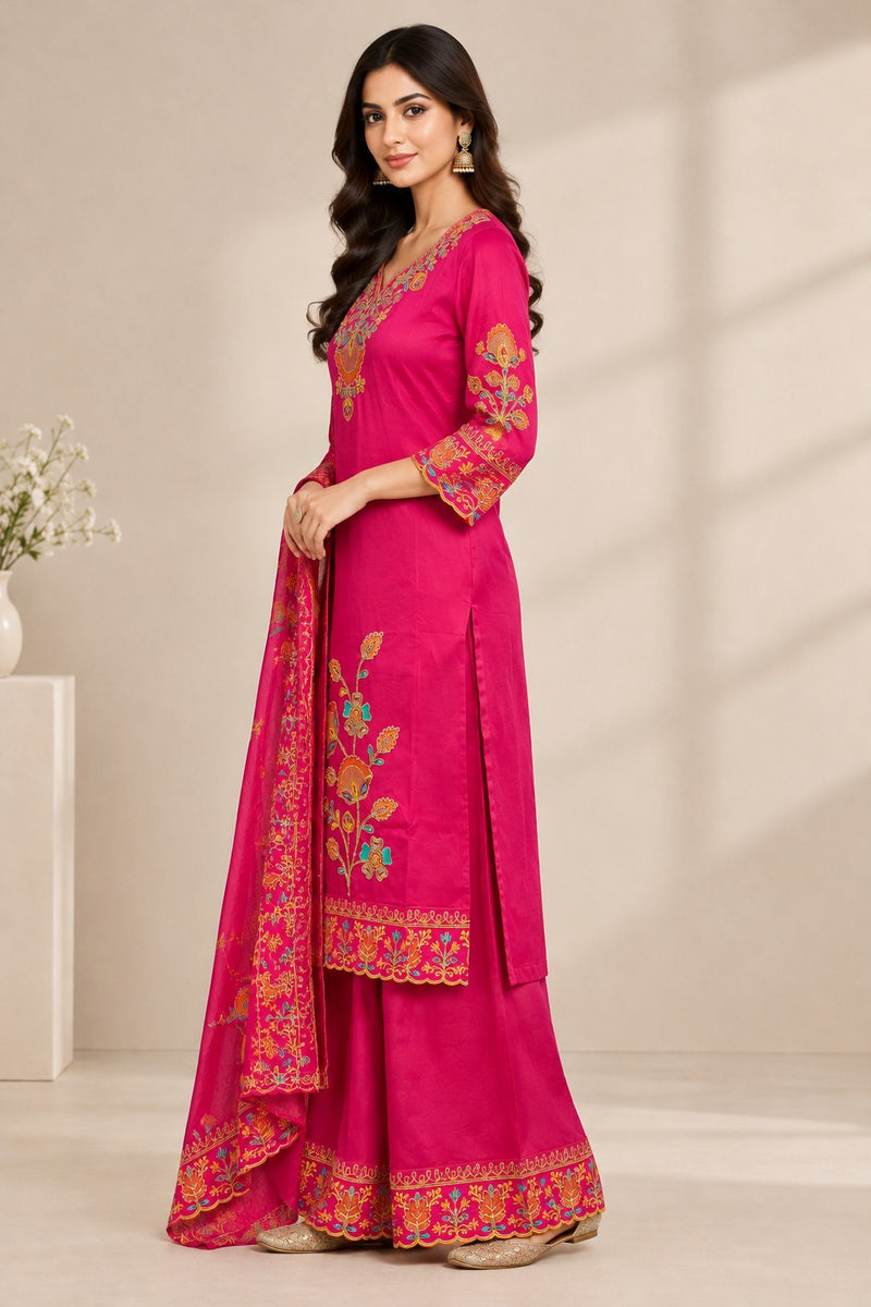 Women Floral Embroidered Regular Thread Work Kurta with Sharara & With Dupatta