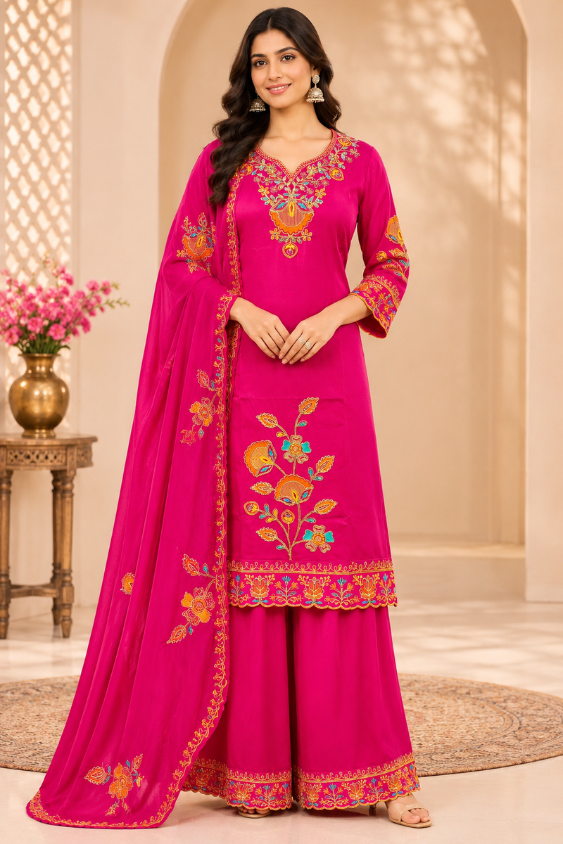 Women Floral Embroidered Regular Thread Work Kurta with Sharara & With Dupatta