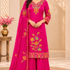 Women Floral Embroidered Regular Thread Work Kurta with Sharara & With Dupatta