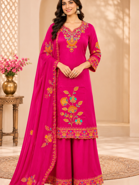 Women Floral Embroidered Regular Thread Work Kurta with Sharara & With Dupatta