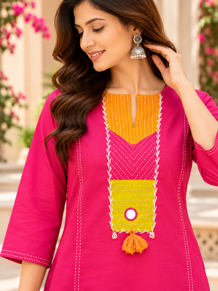 Women’s Pink   Embroidered Kurta Set with Palazzo  – Traditional Festive Ethnic Wear