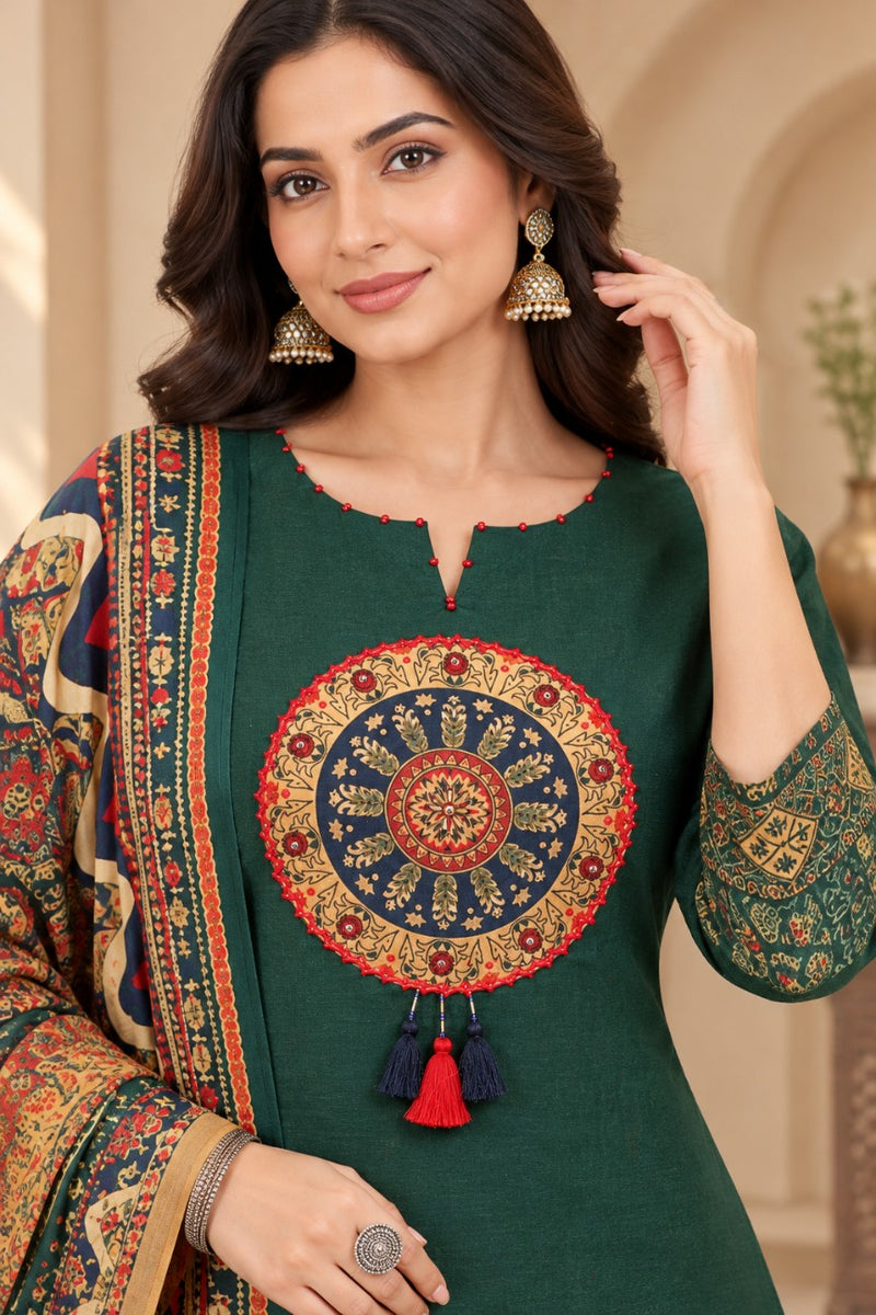 Women green   Embroidered Kurta Set with Palazzo Pants & Matching Dupatta – Traditional Festive Ethnic Wear