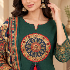 Women green   Embroidered Kurta Set with Palazzo Pants & Matching Dupatta – Traditional Festive Ethnic Wear
