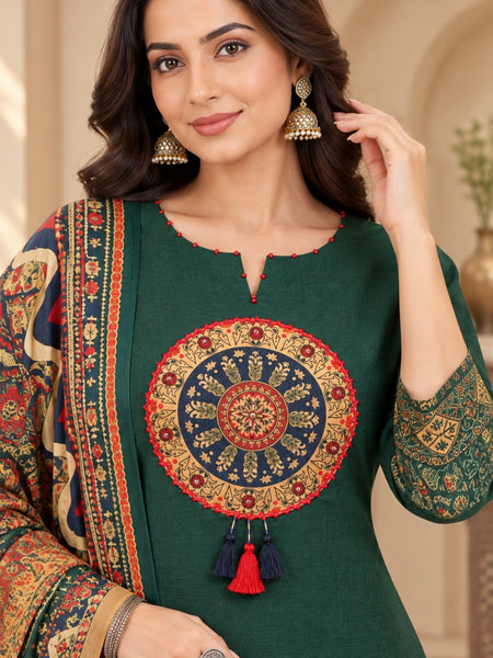 Women green   Embroidered Kurta Set with Palazzo Pants & Matching Dupatta – Traditional Festive Ethnic Wear