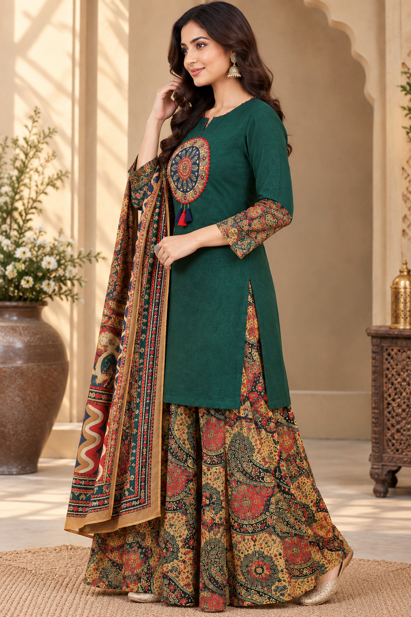 Women green   Embroidered Kurta Set with Palazzo Pants & Matching Dupatta – Traditional Festive Ethnic Wear